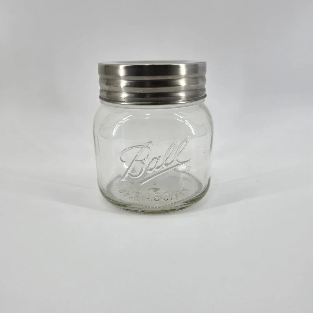 Ball Mason Jar Storage Container Embossed Glass Silver Lid Clear
